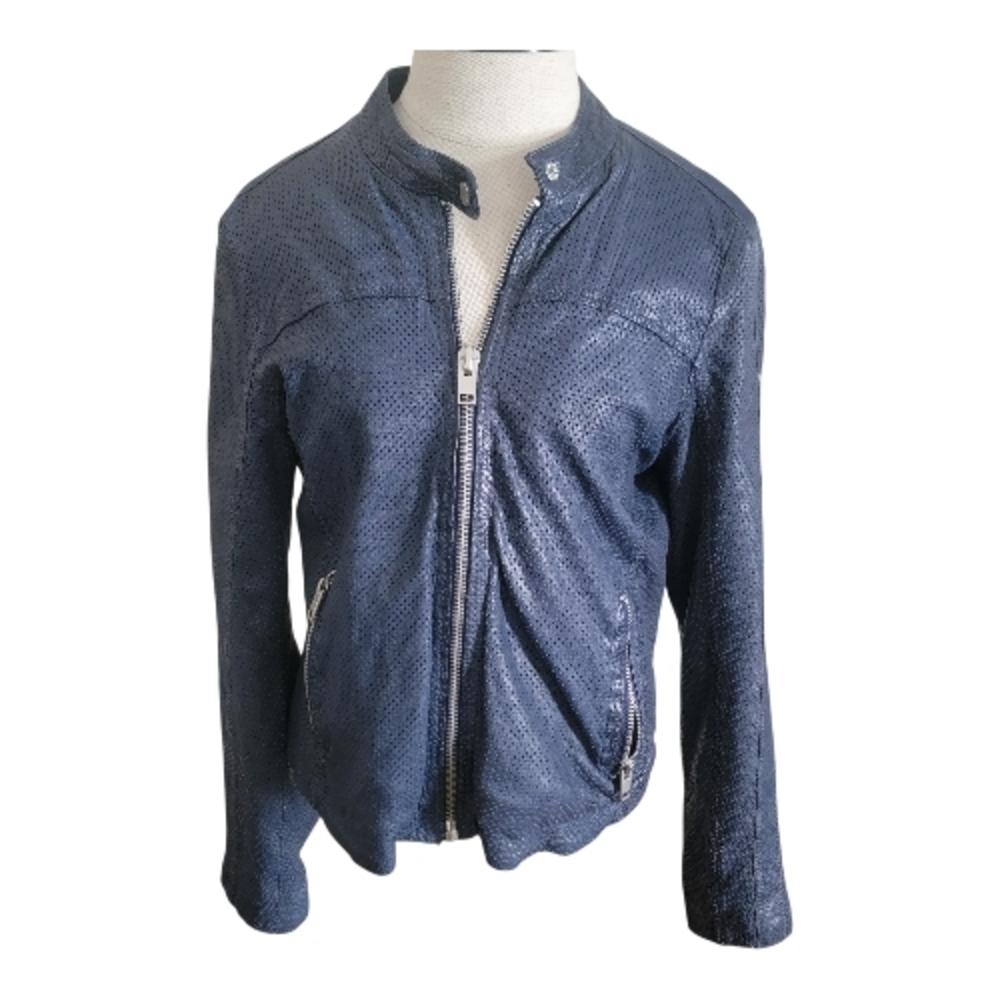 Mauritius, Moto Navy Cropped Leather Jacket, Size Medium